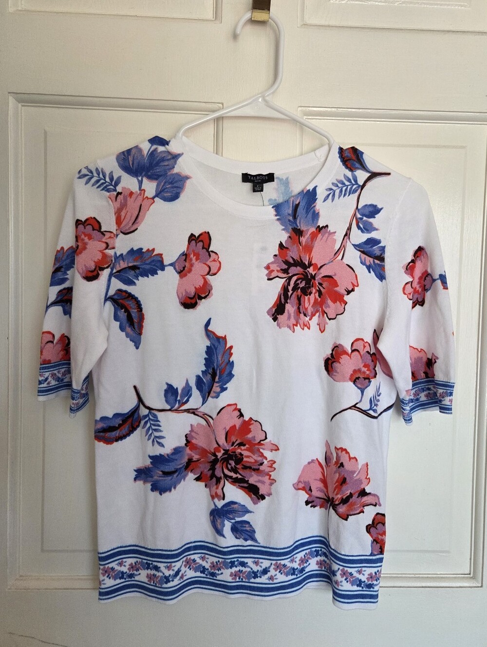 NWT Talbots Short-Sleeve Crewneck Top with Pink & Blue Floral Print